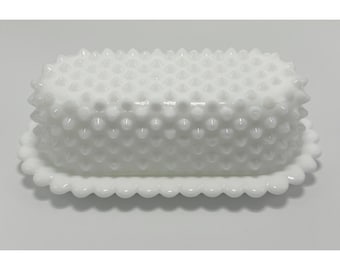 Vintage Fenton Hobnail Milk Glass Covered Butter Dish With Scalloped Edge 7.5"