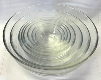 Duralex Clear Glass Nesting Bowls Concentric Circle Pattern France Set of 8