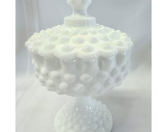 Vintage Fenton Hobnail Milk Glass Lid Covered Candy Dish Pedestal 7"