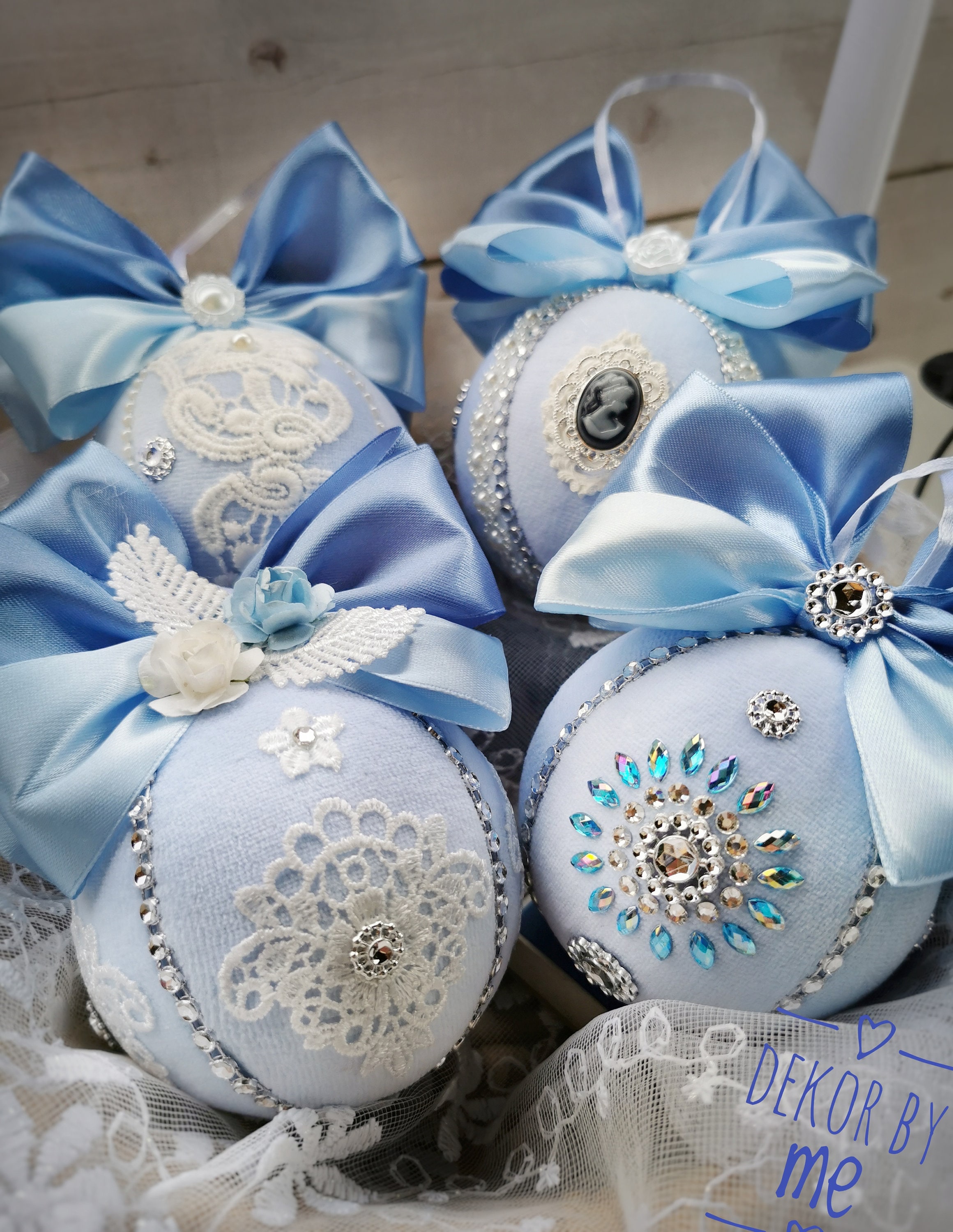 Christmas Tree Decor in Vintage Style. /xmas Decor in Blue Color/ Sky