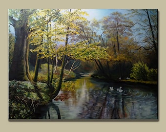 Mirror Lake, Original Oil Painting on Canvas 32 X 40 in, Landscape Painting