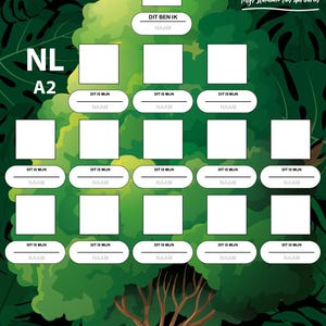 Pode incluir: Um gráfico de árvore genealógica verde e amarelo com o texto "NL A2" no topo. O gráfico tem 12 espaços em branco para nomes e o texto "DIT IS MIJN" e "DIT BEN IK" nos espaços. O gráfico é cercado por folhas verdes.