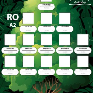 May include: A green and white family tree chart with spaces for names. The chart is shaped like a tree with a trunk and branches, and the background is a dark green leafy pattern. Text includes "SUNT AICI" and "NUME".