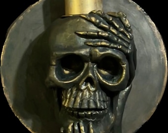 Hand Painted Skull / Skeleton with Hands Round Plaque Tea Light Candleholder Sconce ~ Goth Gothic Wall Decor