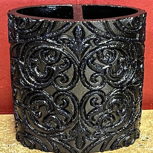 OOAK Black Raised Patterned Pen & Pencil Cup Container / Divided Organizer, Toothbrush Holder, Makeup or Paint Brush Holder