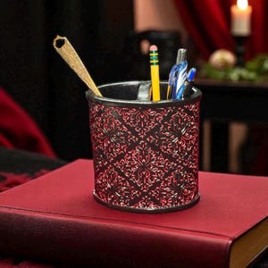 Black and Raspberry Damask Raised Patterned Pen & Pencil Cup Container Divided Organizer, Toothbrush Holder, Makeup, Paint Brush, Vase