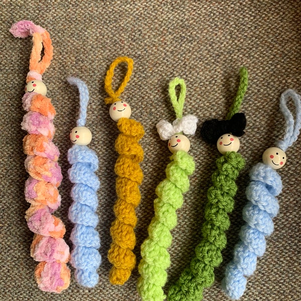 Crochet worry worms in various colours