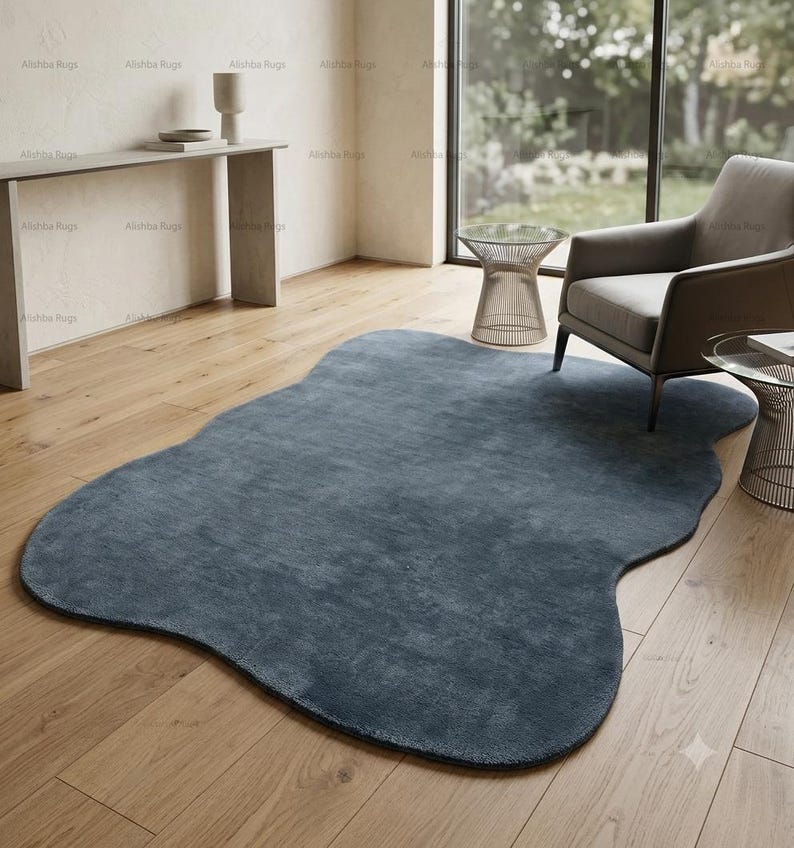 Organic Shape Wool Area Rug | Solid Slate Blue Rug | Wavy Edge Bedroom ...
