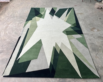 Abstract Green Geometric Rug HandTufted Wool Area Carpet Custom Modern Art Deco Designer Rug Unique Living Room Statement Piece Alishba Rugs