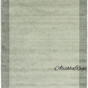 Handmade Wool Area Rug with Border | Soft Green Modern Minimalist Carpet | Custom Size Solid Wool Rug for Living Room or Bedroom