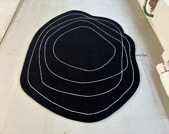 Modern Abstract Blob Rug – Hand-Tufted Black & White Wool Carpet | Organic Shape Minimalist Art Rug | Custom Contemporary Floor Decor