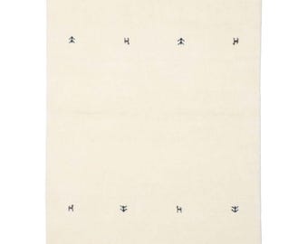 Minimal Ivory Gabbeh Wool Rug – Handwoven Tribal Carpet with Black Motifs, Modern Neutral Decor, Japandi & Boho Interior Accent