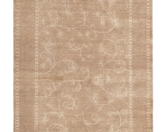 Luxury Hand Knotted Wool & Silk Rug | Beige Floral Pattern Area Carpet | Soft Oriental Handmade Living Room Rug | Custom Sizes Available