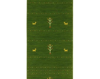 Green Gabbeh Rug, Handmade Wool Tribal Carpet, Minimal Animal & Tree Motif Area Rug, Boho Living Room Decor, Modern Artisan Floor Mat