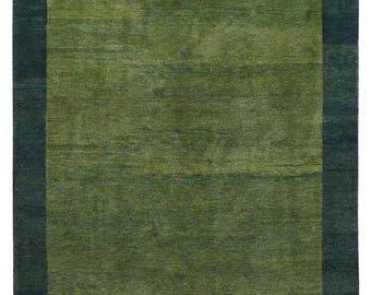 Green Gabbeh Wool Rug – Handwoven Persian Carpet with Minimal Animal Motifs, Natural Dye, Modern Boho & Japandi Home Decor