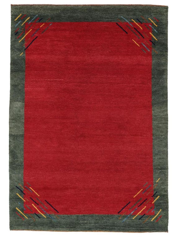 Handmade Modern Wool Rug – Red & Green Minimalist Carpet – Hand-Knotted Area Rug – Living Room Accent – Tribal Decor