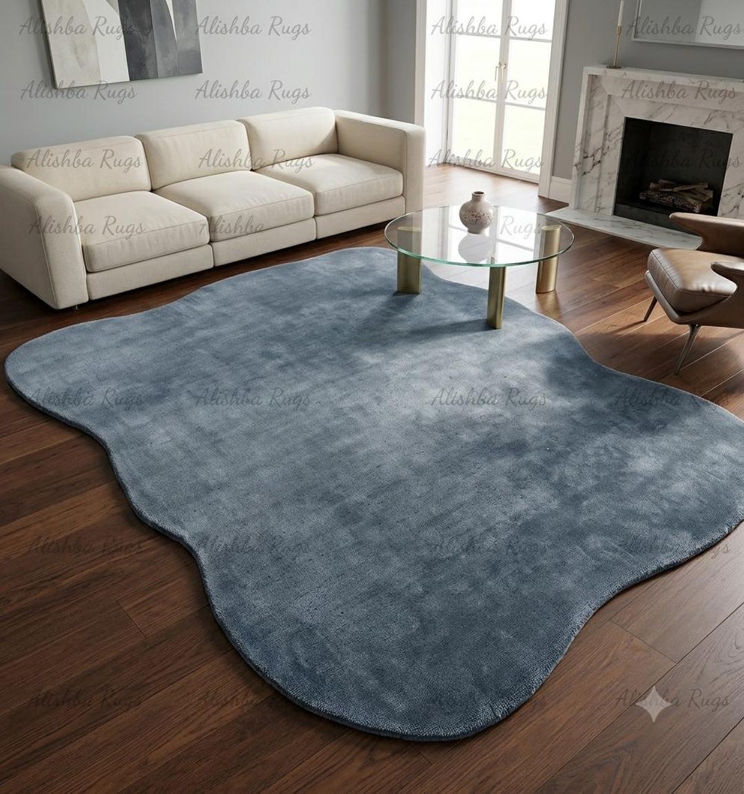 Organic Shape Wool Area Rug | Solid Slate Blue Rug | Wavy Edge Bedroom ...