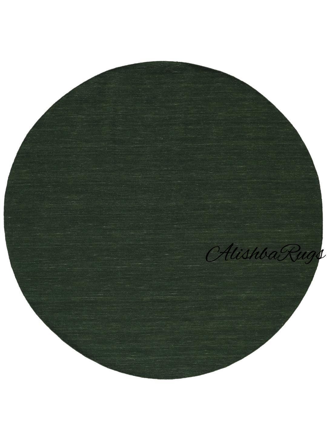 Solid Kilim-loom Handmade Round Green Wool Rug | Minimalist Solid Area ...