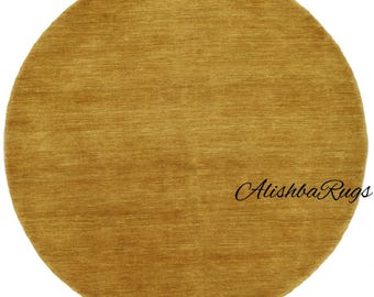 Mustard Yellow Round Wool Rug | Handloom Natural Wool Area Carpet | Boho Modern Circle Rug for Living Room, Bedroom, Nursery Decor