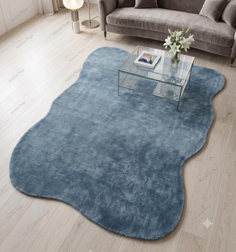 Organic Shape Wool Area Rug | Solid Slate Blue Rug | Wavy Edge Bedroom ...