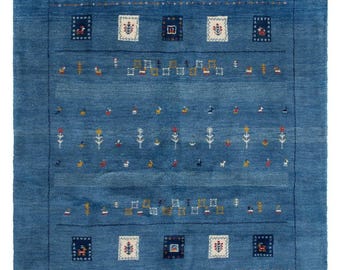Blue Gabbeh Wool Rug | Hand Knotted Carpet | Nomadic Tribal Art | Boho Living Room Decor | Soft Durable Area Rug