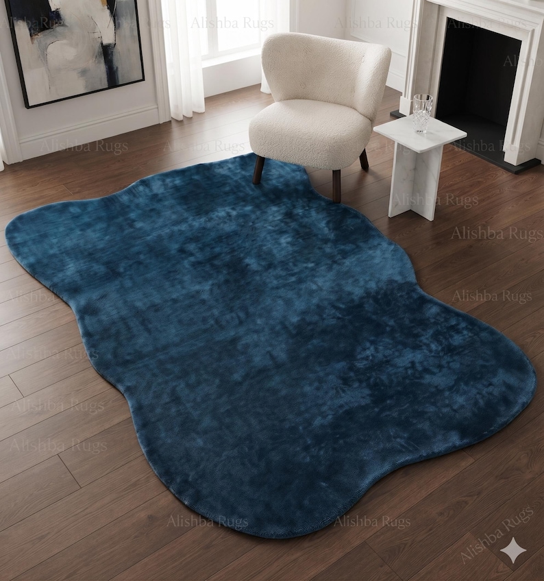 Deep Blue Hand Loom Rug | Wool Area Rug | Irregular Wavy Edge Rug ...