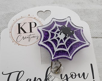 Purple Glitter Spider Web Badge Reel - Halloween Holiday