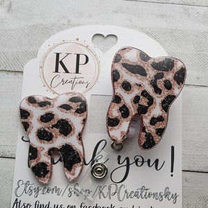 Carretel de crachá de dente com estampa de leopardo em ouro rosa/porta-identidade de dente/presente de higiene dental/presente de assistente de dentista/porta-crachá de identificação fofo/dentista