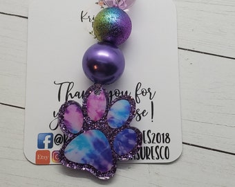 Paw Print Beaded Keychain purple Tye dye