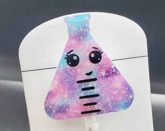 Cosmic Beaker Badge Reel: Glitter Lab Tech Retractable ID Holder