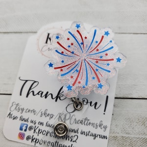 Bobine d'insigne de feu d'artifice/accessoire d'infirmière du 4 juillet/États-Unis/Amérique/carte-clé RN/cadeau du 4 juillet/rouge blanc et bleu/bobine d'insigne américain