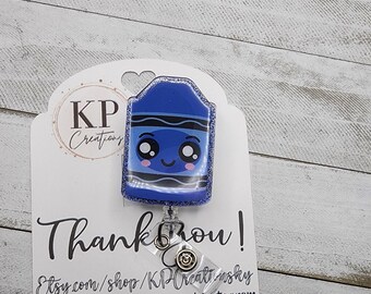 Crayon Badge Reel/Teacher Badge Reel/Teacher Appreciation Gift/Teacher ID Holder/School Badge Reel/Interchangeable Badge Reel/Blue Crayon
