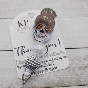 Mom life skull Badge Reel/Leopard print/Interchangeable/Momlife Badge Holder/Nurselife Badge Reel/Skull With Shades Badge Reel/Mom Bun