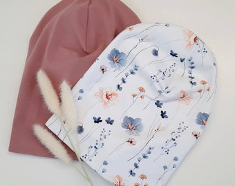 Beanie Mädchenmütze Wunschgröße Farbwahl Baumwolljersey zweilagig Wildblumen Kornblumen Chemomütze Kindermütze Frühlingsmütze