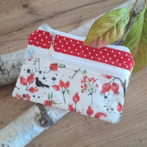 Mini Geldbeutel kleine Geldbörse Portemonnaie Damen Schlüsseltasche Geldgeschenk Geschenk Frau ANFERTIGUNG Hagebutten Vögelchen