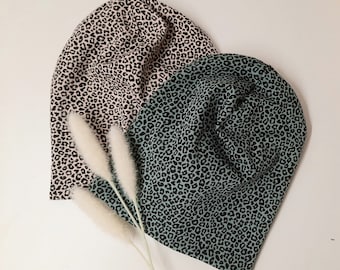 Beanie Mädchenmütze Leoprint Wunschgröße Farbwahl Baumwolljersey zweilagig Frühlingsmütze Herbstmütze Mütze Mädchen