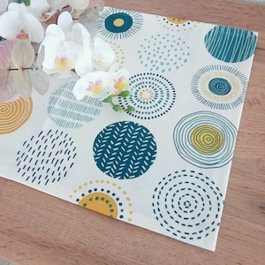 Tafelkleed 90 x 110 cm, katoenen canvas, cirkelvormig patroon, naturel wit, petrolgeel - Reserveren