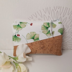 Geldbörse Damen Portemonnaie kleiner Geldbeutel Schlüsseltasche Pflastertasche Geschenk Frau SOFORTVERSAND Ginkgoblätter weiß Korkstoff