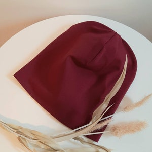 Beanie Mütze Wunschgröße Farbwahl Halsloop Damenmütze Kindermütze Baumwolljersey zweilagig unifarben gemustert Chemomütze bordeaux