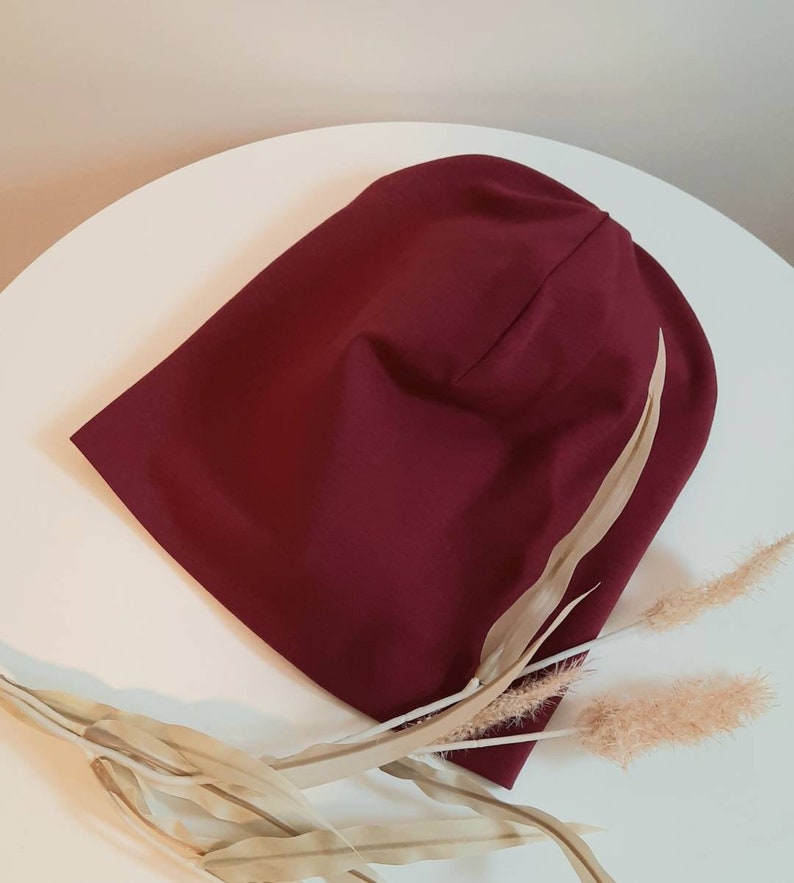 Beanie Mütze Wunschgröße Farbwahl Halsloop Damenmütze Kindermütze Baumwolljersey zweilagig unifarben gemustert Chemomütze bordeaux