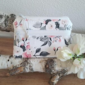 Geldbörse Portemonnaie mini Geldbeutel Schlüsseltasche Pflastertasche Geldgeschenk SOFORTVERSAND Rosen rosa grau weiß
