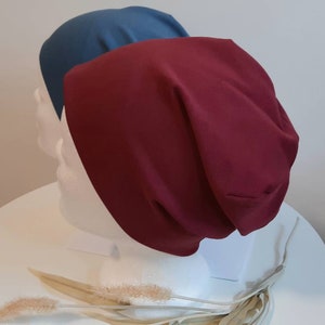 Beanie Mütze Wunschgröße Farbwahl Halsloop Damenmütze Kindermütze Baumwolljersey zweilagig unifarben gemustert Chemomütze Bild 2