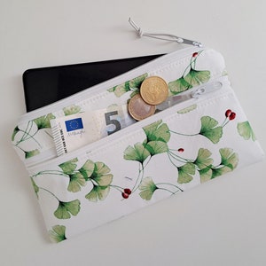 Geldbörse Handytasche Smartphone Tasche mit Münzfach Geldbeutel Pflastertasche Brillentasche Geschenk Frau Ginkgoblätter weiß SOFORTVERSAND