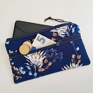 Handytasche Smartphone Tasche mit Münzfach Geldbeutel Handyhülle Pflastertasche Brillentasche Disteln Blätterzweige dunkelblau SOFORTVERSAND