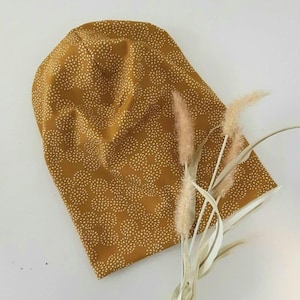Beanie Mütze Wunschgröße senffarben Tupfen Mütze Baumwolljersey zweilagig Chemomütze Damenmütze Freizeitmütze Herbstmütze Übergangsmütze