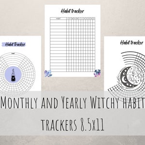 May include: Three printable habit tracker pages in black and white with a witchy theme. The pages feature a circle with a moon and stars, a grid with days of the week and months of the year, and a circle with a bottle and a grid.