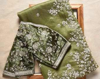 Women's Organza Olive Embroidered Designer Saree With Blouse Piece