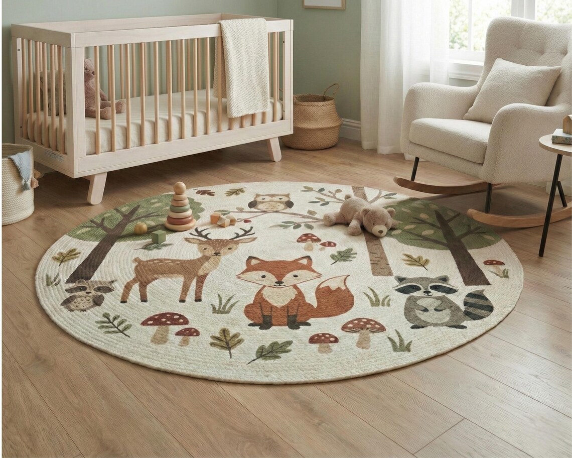 Natural Woodland Fox Kid's Room Round Rug -forest Animals Nature Scene ...