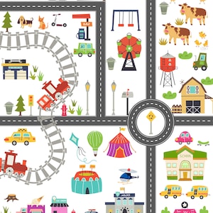 May include: A colorful illustration of a town with roads, buildings, and vehicles. Includes a train, cars, school, hospital, and a circus tent. Also features animals like cows, chickens, and a sheep. The image has a playful, cartoon style.