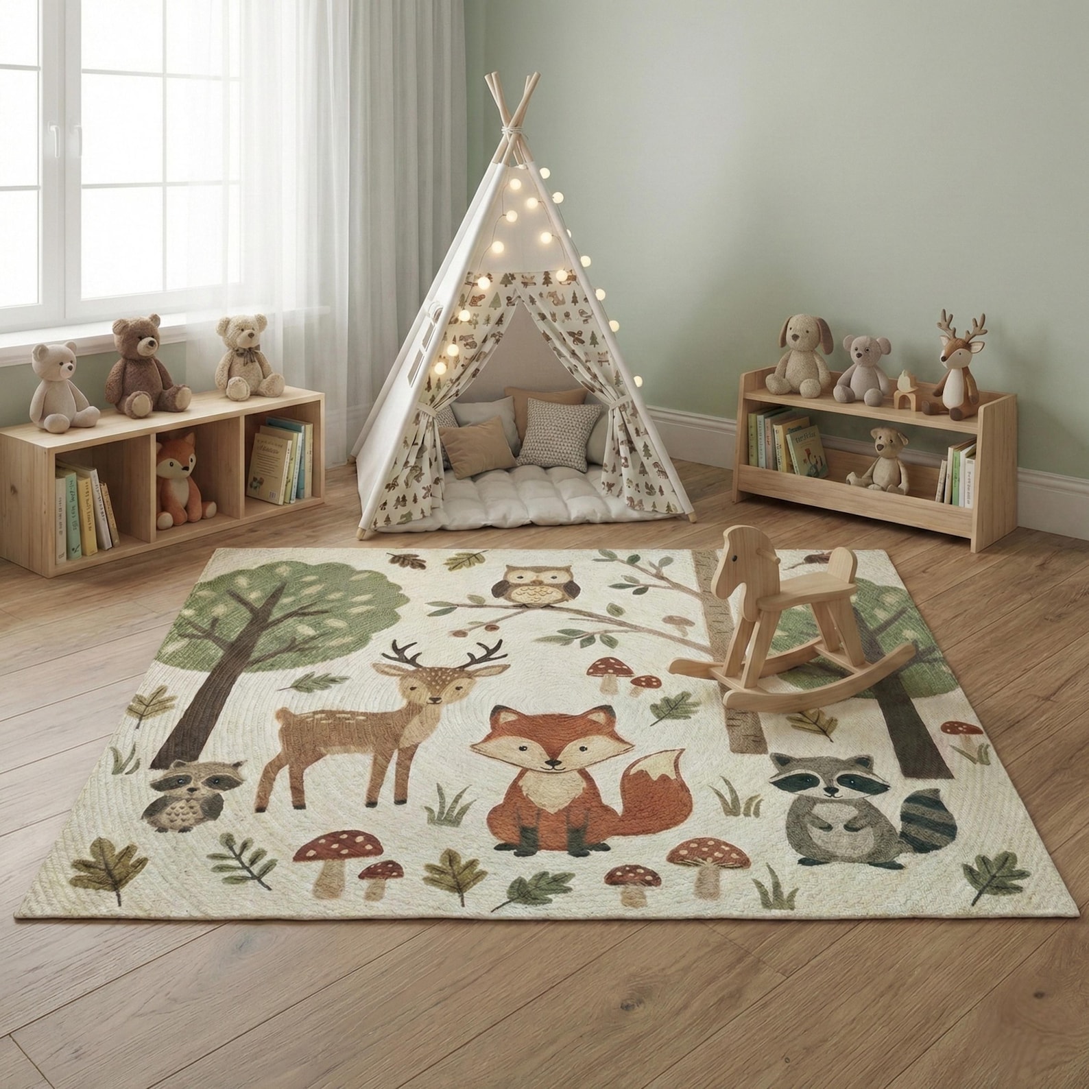 Natural Woodland Fox Kid's Room Round Rug -forest Animals Nature Scene ...